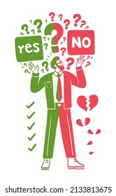 a man in glasses and a suit does not know what to choose drawing green-red