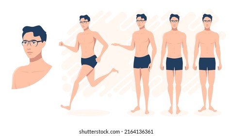 A man with glasses in swimming trunks, three poses.