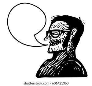 Man with glasses talking. Empty text balloon