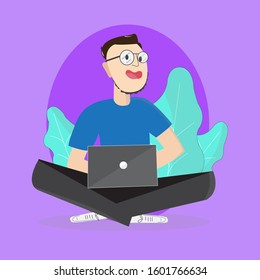 A man with glasses and a thin beard with a laptop on his lap. Illustration for background design of your web template.