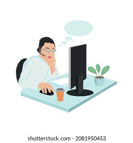 A man with glasses is thinking at the computer. The man makes a decision.  Office worker, businessman, freelancer. Flat graphic design.