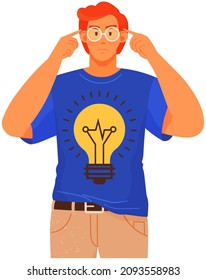 Man with glasses thinks about new project. Guy in T-shirt with light bulb, symbol of creative idea. Smart person thinking, creating ideas. Technician, electrician, creative guy vector illustration