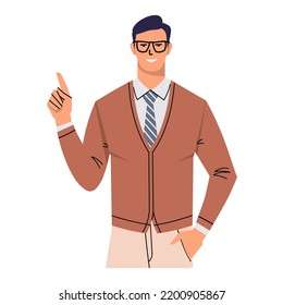 A man in glasses and a tie shows an index finger. A confident businessman, teacher, manager gives advice. Portrait of smiling character isolated on white background. Flat style. Vector illustration.