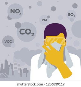 Man with glasses is trying to defend himself with a handkerchief from fine dust, air pollution, industrial smog, pollutant gas emission. Stormy sky city. Vector illustration.
