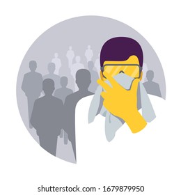 Man with glasses is trying to defend himself with a handkerchief from virus. Avoid public places, sick people, touching your eyes, nose, mouth. Virus prevention. COVID-19. Infographic. Vector illustra