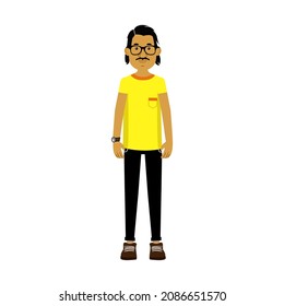 Ein Mann in Brille und ein T-Shirt stehen. Vektorgrafik eines Mannes in Sportkleidung Sommer. Ein Karikaturencharakter mit hoher Statur. Eine Person für Animation. Alle Details über separate Ebenen.