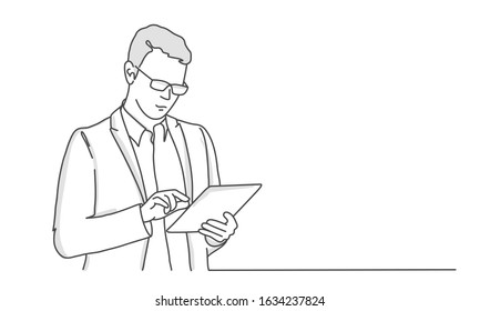 Man with glasses uses a tablet. Line drawing vector illustration.