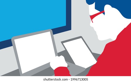 Man with glasses using electronic devices