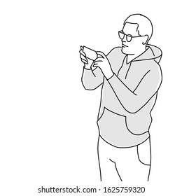 Man in glasses using his smartphone. Line drawing vector illustration.