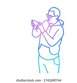 Man in glasses using his smartphone or makes selfie. Rainbow colors in linear vector illustration.