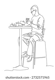 Hombre en gafas usando el teléfono móvil en la mesa de la cafetería de comida rápida de la calle. Dibujo de línea continua. Ilustración vectorial en blanco y negro en estilo de arte de línea. Trazo editable.