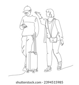 Man in glasses using phone and standing near suitcase. Woman pointing direction with hand. Continuous line drawing. Black and white vector illustration in line art style.
