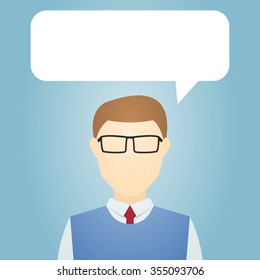 man with glasses and a vest with speech bubble