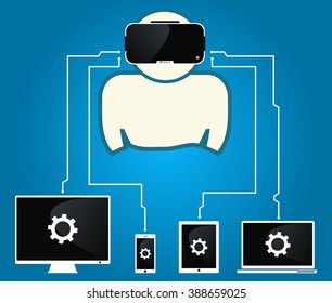 man with glasses of virtual reality are connected to devices