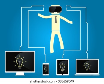 man with glasses of virtual reality are connected to devices