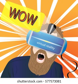 Man with glasses virtual reality.The emotion of surprise.