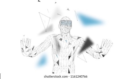 Man with glasses of virtual reality. Future technology concept. Abstract vr world with connecting lines, dots and triangles. 3D vector illustration.