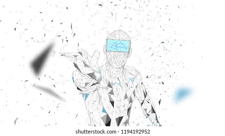 Man with glasses of virtual reality. Future technology concept. Abstract vr world with connecting lines, dots and triangles. 3D vector illustration.