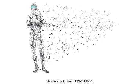 Man with glasses of virtual reality. Future technology concept. Abstract vr world with connecting lines, dots and triangles. 3D vector illustration.