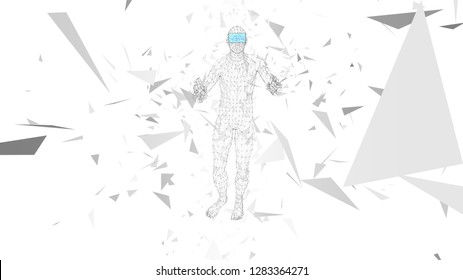 Man with glasses of virtual reality. Future technology concept. Abstract vr world with connecting lines, dots and triangles. 3D vector illustration.