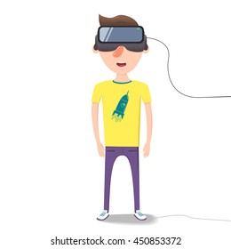 Man with glasses of virtual reality. The future has arrived. Cartoon style. Flat design. Vector illustration