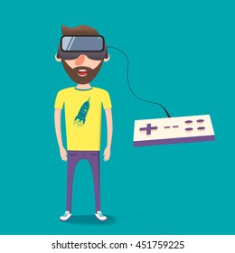 Man with glasses of virtual reality. The future has arrived. Cartoon style. Flat design. Vector illustration