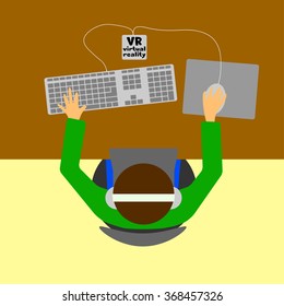 The man with glasses of virtual reality. He sits at a desk, holding a mouse and keyboard. Vector image background