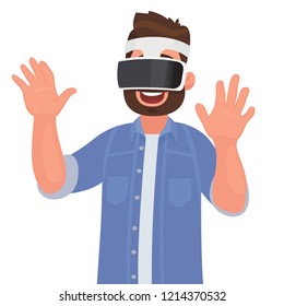 Man in glasses of virtual reality on a white background. Vector illustration in cartoon style.