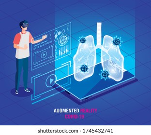 man with glasses virtual reality and smartphone, augmented reality, coronavirus covid 19 vector illustration design