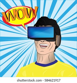 Man in glasses virtual reality. Wow effect. Comic background