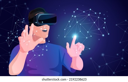 Man in glasses, vr headset create drawing wireframe lines by fingers 3d virtual reality space. Digital technologies abstract hologram. Modern graphic design in augmented universe. Vector