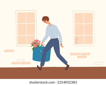 Hombre con gafas caminando por la calle de la acera sosteniendo en la bolsa de mano un ramo de flores. Triste transeúnte corre corriendo por el edificio de las ventanas. Hombre con camisa, pantalones yendo a casa. Ilustración del vector de vida de la ciudad