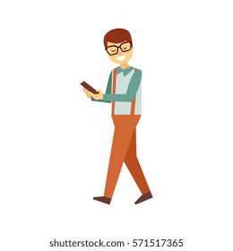 Man In Glasses Walking Looking At Smartphone Screen, Person Being Online All The Time Obsessed With Gadget