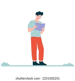 Man in glasses is walking and reading a book. Vector illustration