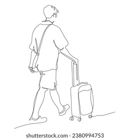 Man in glasses walking with suitcase on wheels. Side view. Travel concept. Continuous line drawing. Black and white vector illustration in line art style.