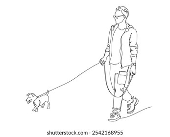 Hombre en gafas caminando con perro terrier. Dibujo de línea continuo. Ilustración vectorial en blanco y negro en estilo de arte de línea.