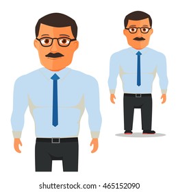 Man with glasses in white shirt with blue Tie Cartoon Character. Vector illustration