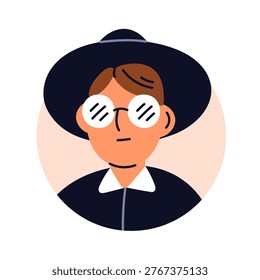 Man in glasses, wide brim hat, circle avatar. Funny whimsical character with serious confident face expression, head portrait, user profile. Flat vector illustration isolated on white background