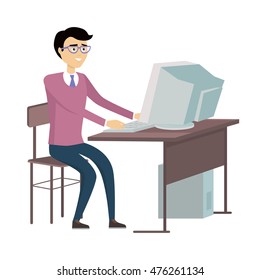 Man in glasses working with desktop computer. Man in purple sweater and and blue pants sitting at the table with computer. Isolated object in flat design on white background. Vector illustration