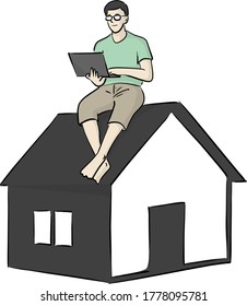 man with glasses working on computer laptop at small home vector illustration sketch doodle hand drawn with black lines isolated on white background