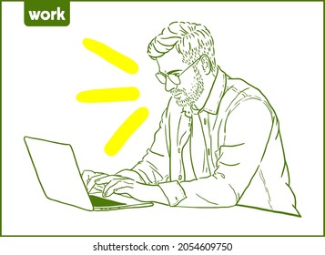 man with glasses working on laptop vector sketch green