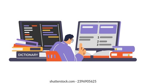 Man in glasses working with two big monitors and many books flat style, vector illustration isolated on white background. Decorative design element, translator profession