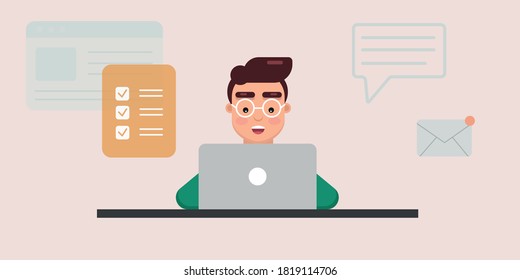 El hombre con gafas está trabajando/charlando/enviando mensajes de texto/comunicándose en su laptop. Trabajador de oficina o autónomo. Caricatura casual. Ilustración de vector geométrico editable. 