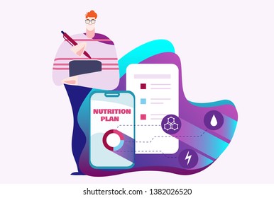 Man in glasses writes diet plan checklist with icons for calorie, carbohydrates, fats, proteins. Nutrition plan, weight-management diet, individual dietary service concept.