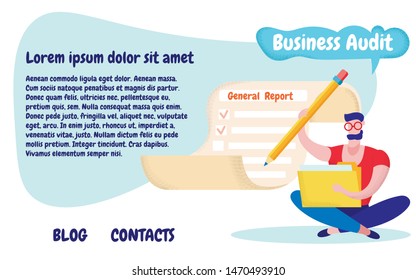 Man in Glasses Writes General Report. Business Audit. Hand Over General Report. Vector illustration. Analysis and Statistics. Website Page. Man Sitting in Lotus Position. Write Report.