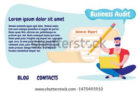 Man in Glasses Writes General Report. Business Audit. Hand Over General Report. Vector illustration. Analysis and Statistics. Website Page. Man Sitting in Lotus Position. Write Report.
