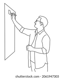 Man with glasses writes on a board. Hand drawn vector illustration. Black and white.