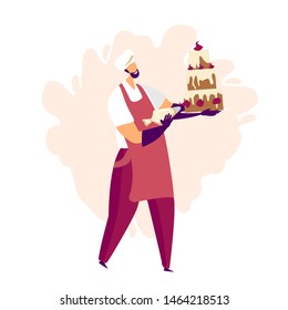 A man glazing a big cake with an berry cream and making confections. Confectionery craft process. Flat vector illustration for advertising, cafe windows, stickers, invitation to cooking courses