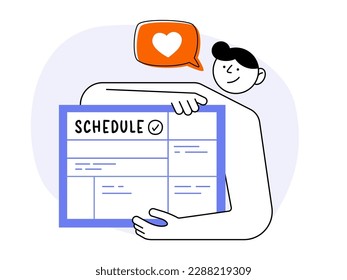 Man with glider in his hands. Making work plan for the week or month. Write down ideas and plans to remember them. Modern outline or line vector illustration.