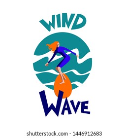 Man glides on a wave while standing on a board. The concept of surfing. Vector color image